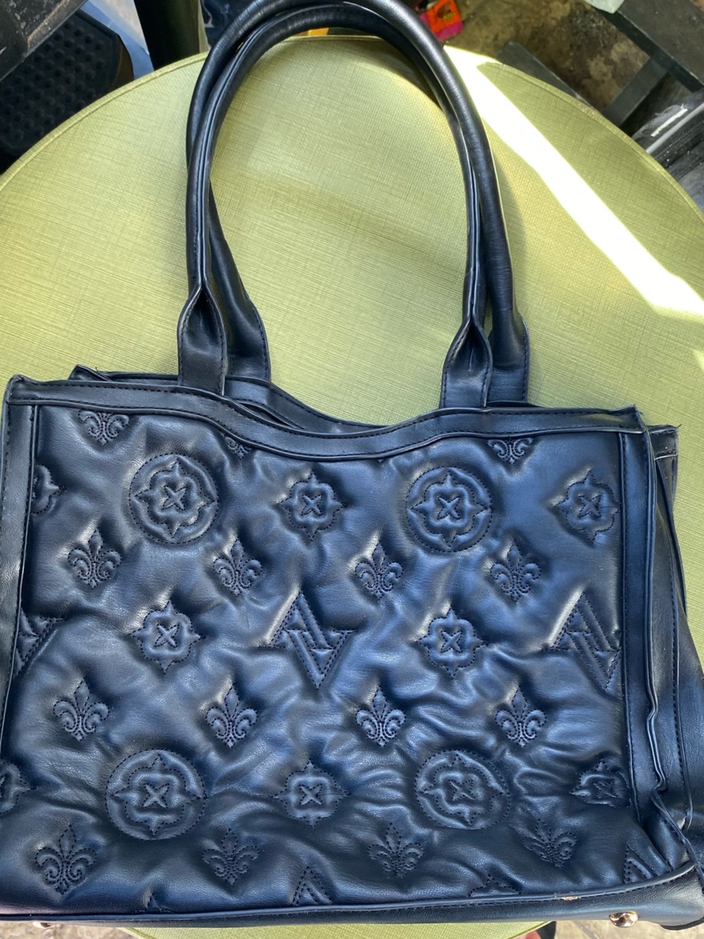 Adrienne Vittadini Black Quilted Embossed Vegan Leather Tote Bag